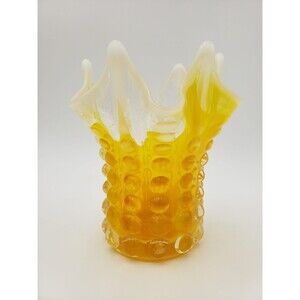 Vintage‎ Honey Amber Hobnail Opalescent Handkerchief Ruffled Rim Glass Vase MCM